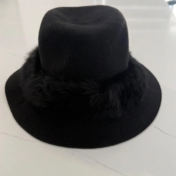 Eric Javits Black Bunny Wool Hat with Rabbit Fur Trim One Size NWT - Picture 3 of 6